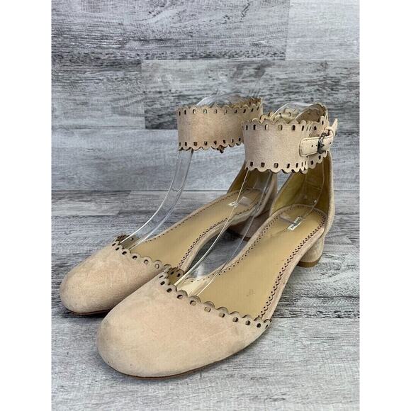 Leon Max Womens Scalloped Ankle Strap Suede Block Heel Flats Size 7.5 Beige - Picture 1 of 8